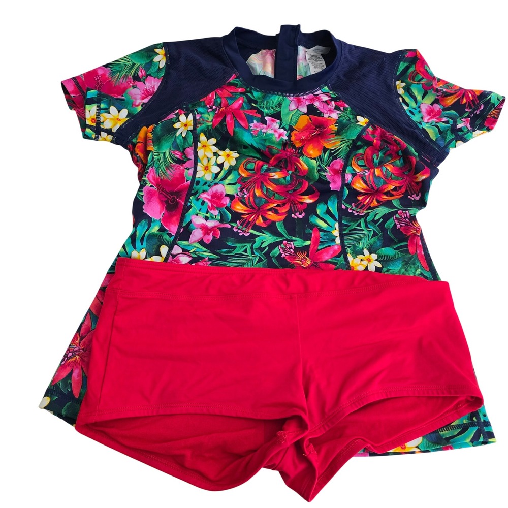 Tommy Bahama Womens Tropical Floral‎ Rash Guard and Swim Short Set Navy S